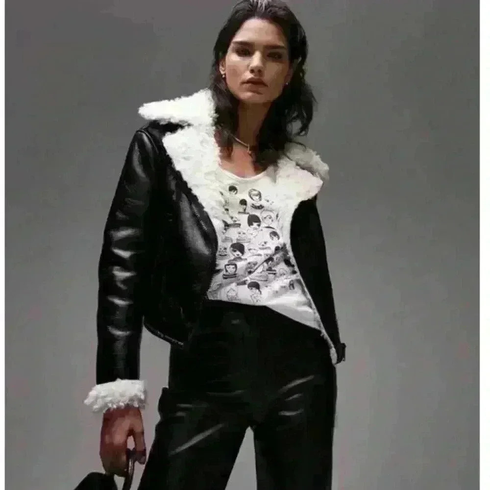 NWT Topshop Women's Cropped Faux Shearling Aviator Jacket Size 4